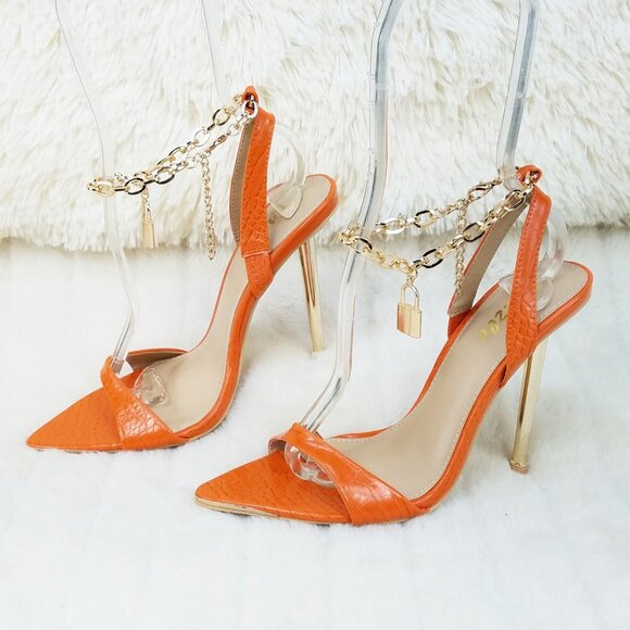 Nicely Lock Chain Strap High Heels Metal Toe Tip Orange Super Cute - Picture 2 of 13